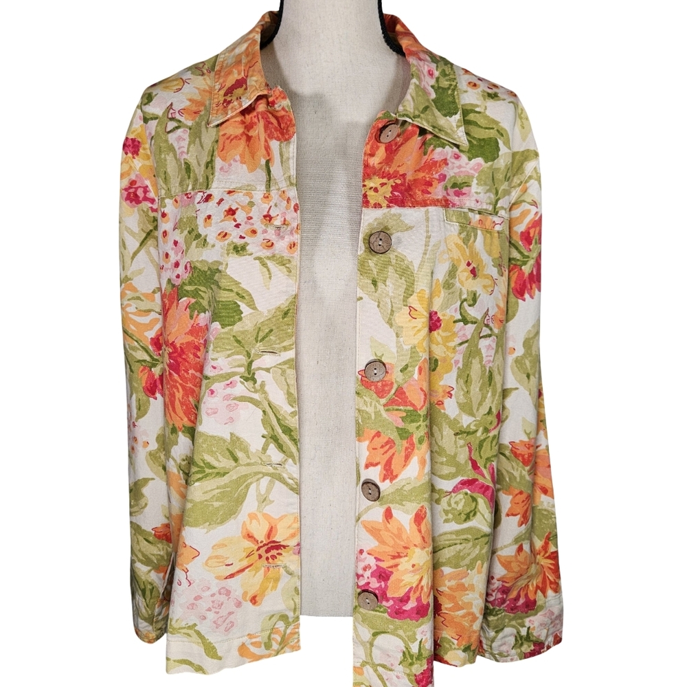 Vintage À La Carte Floral Long Sleeve Button Up Cotton Denim Jacket, Large